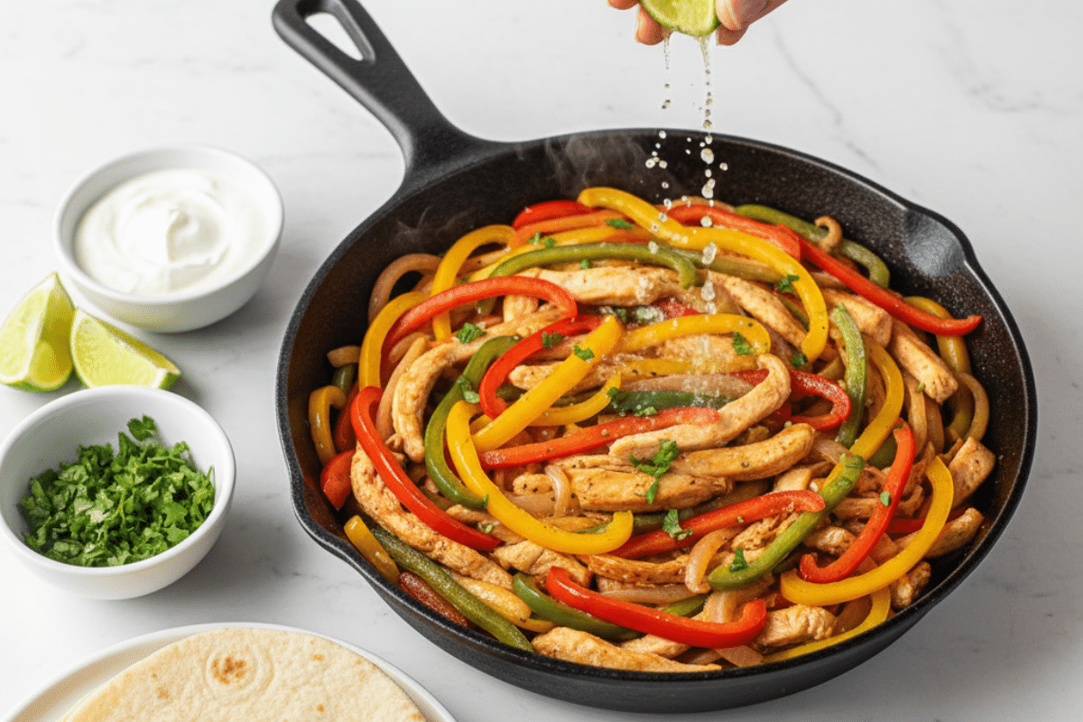 Easy Chicken Fajitas Recipe served with tortillas, lime wedges, and Greek yogurt on a white marble table