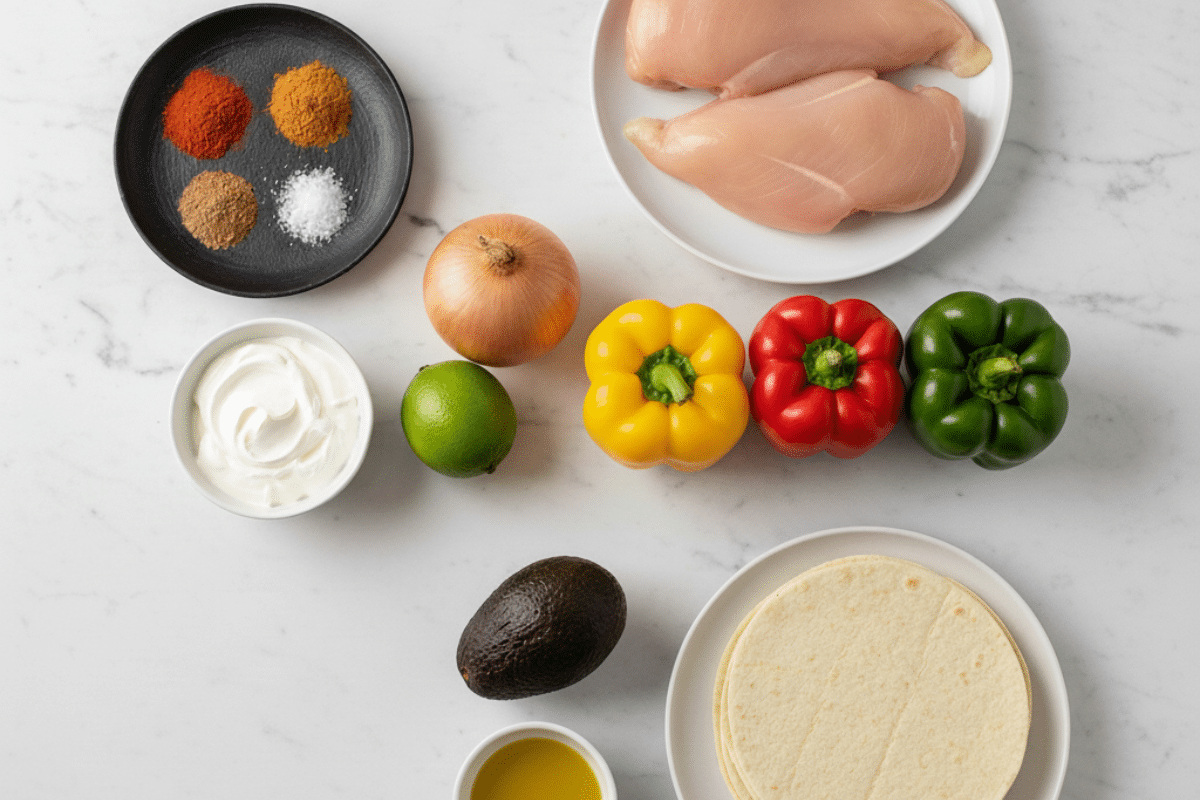 Easy Chicken Fajitas Recipe ingredients on a white marble table with bell peppers, chicken, and tortillas