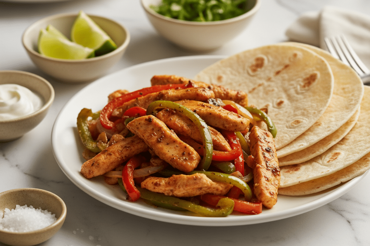 Easy Chicken Fajitas Recipe served on a plate with tortillas and lime wedges