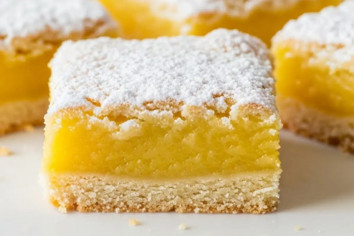 Easy Lemon Bars with Cake Mix 1 Macro close up shot of a slice of easy lemon bars with cake mix showing the moist gooey butter cake texture and powdered sugar topping.