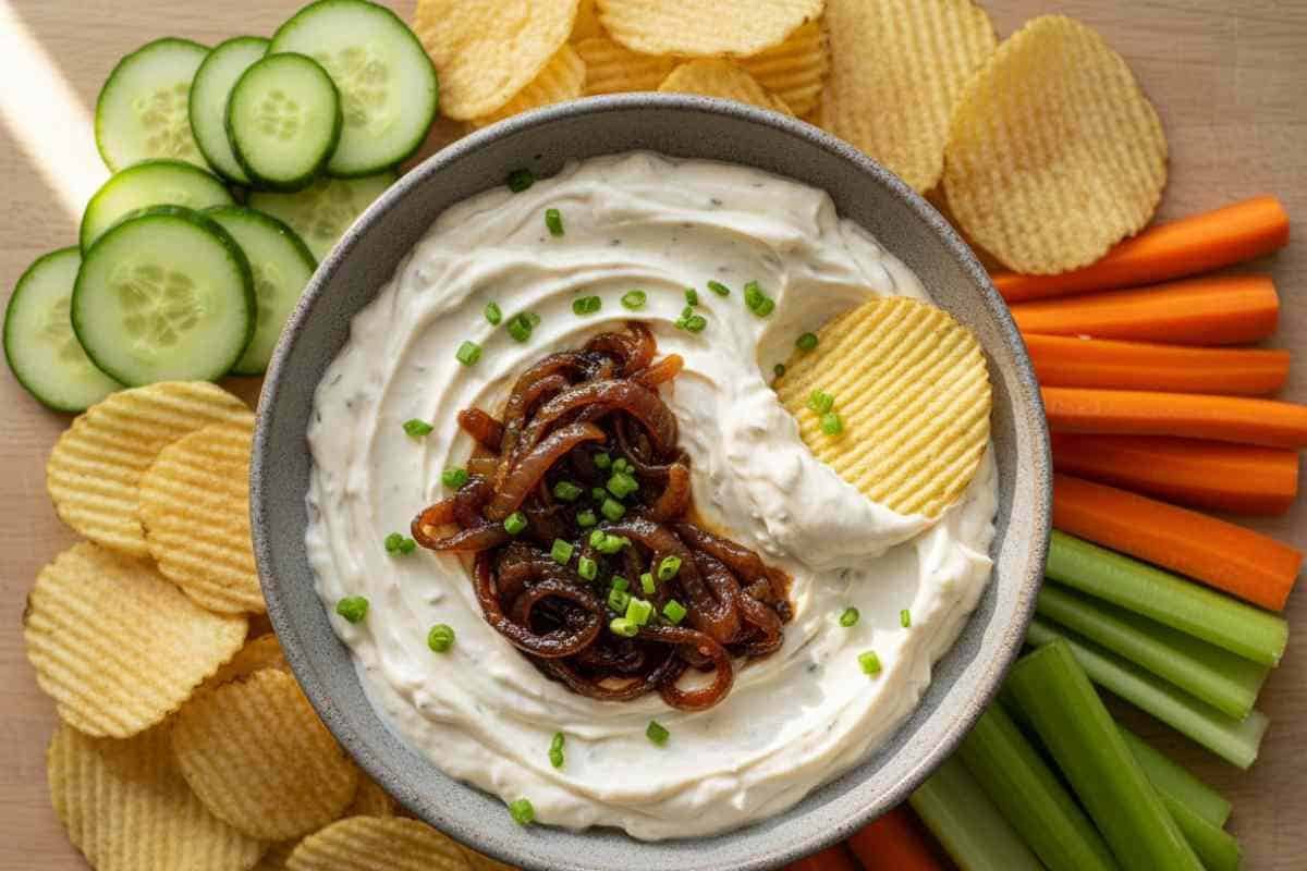 French Onion Dip Serving Ideas French onion dip served with ridged potato chips, cucumber slices, carrot sticks, and celery on wooden board