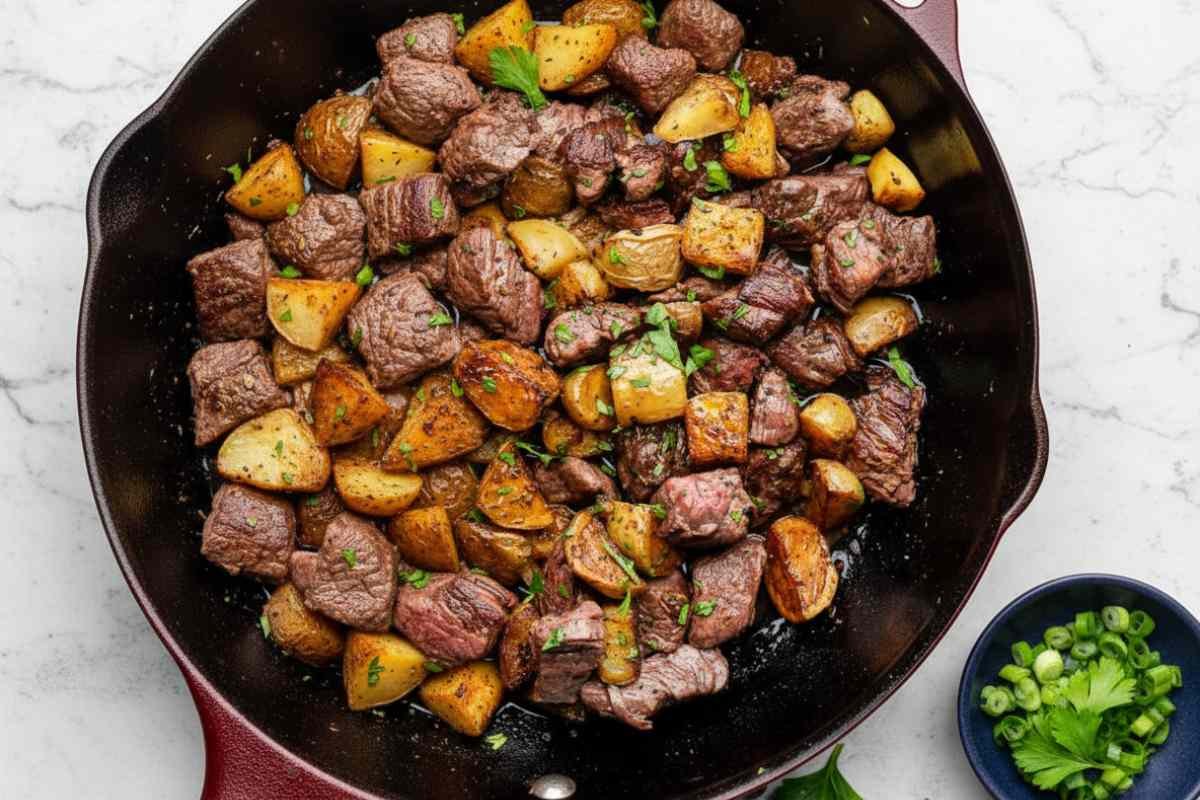 Garlic Butter Steak Bites and Potatoes 1 Garlic butter steak bites and potatoes in a cast iron skillet with fresh parsley garnish
