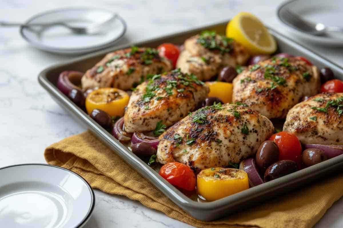 Greek Sheet Pan Chicken 1 Greek sheet pan chicken on baking tray showing golden roasted chicken with bell peppers, cherry tomatoes, red onions, and Kalamata olives fresh from the oven