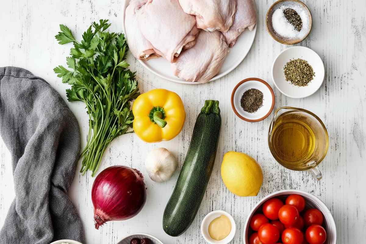 Greek Sheet Pan Chicken Ingredients Ingredients for Greek sheet pan chicken including raw chicken thighs, bell peppers, zucchini, red onion, cherry tomatoes, Kalamata olives, feta cheese, lemon, garlic, olive oil, and fresh parsley on white marble counter