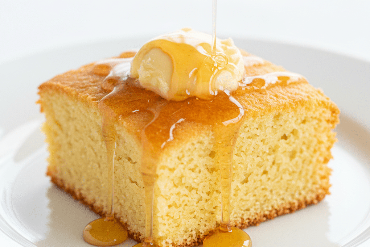 Honey Cornbread recipe slice with butter and honey drizzle on a white plate.