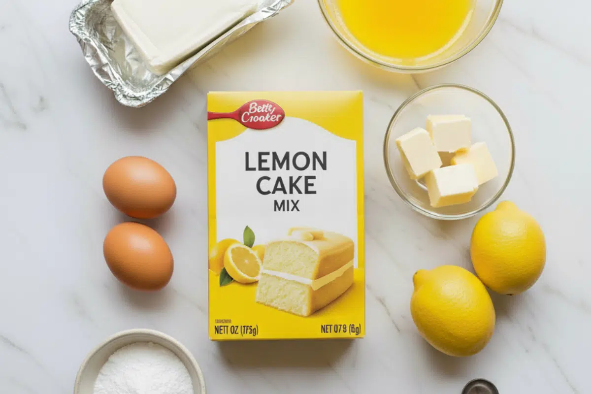 Ingredients for Lemon Cake Mix Bars Overhead flat lay of the ingredients needed to make easy lemon bars with cake mix including a yellow cake mix box, cream cheese, and eggs.