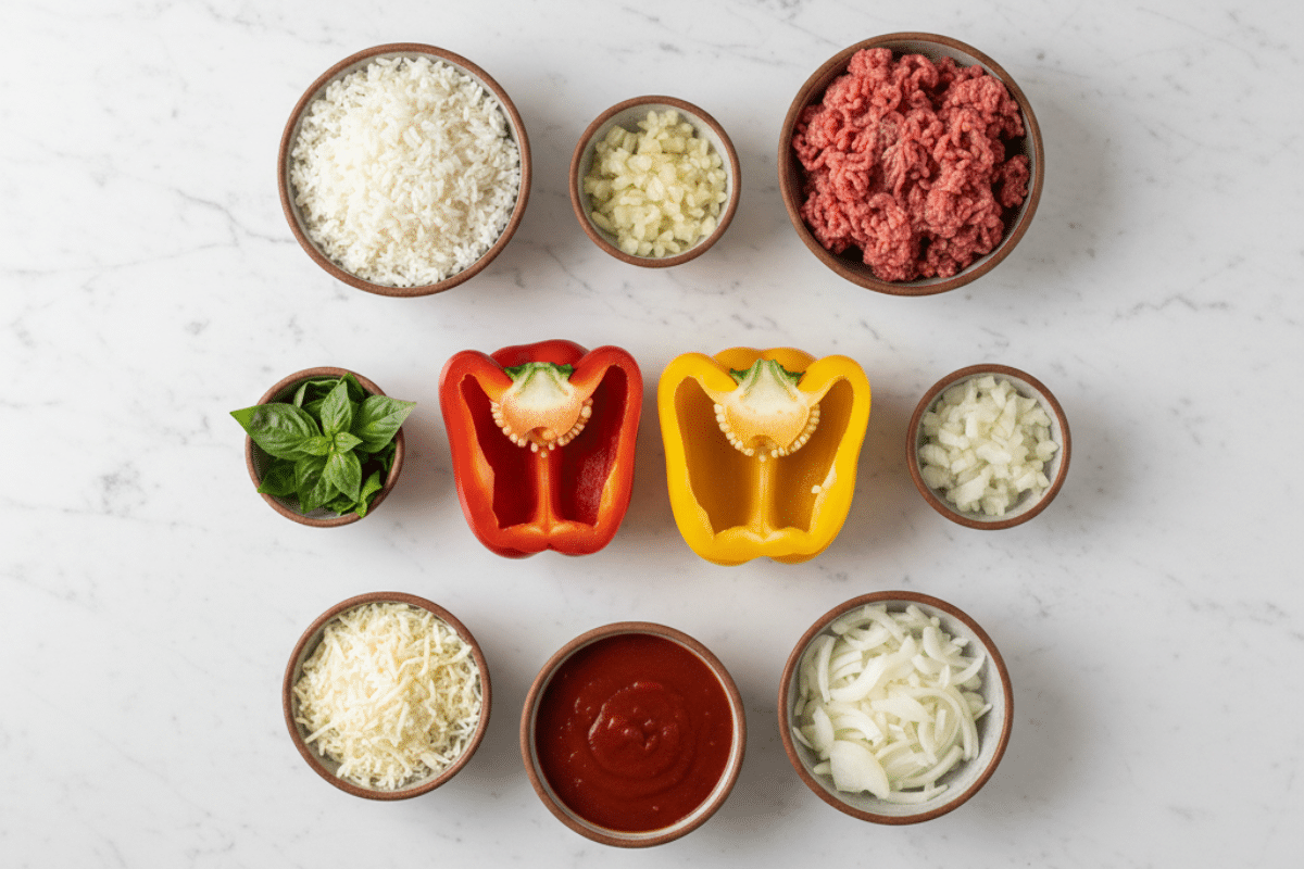 Flat lay of fresh ingredients to make Italian stuffed bell peppers including ground beef, cooked rice, and tomato sauce.