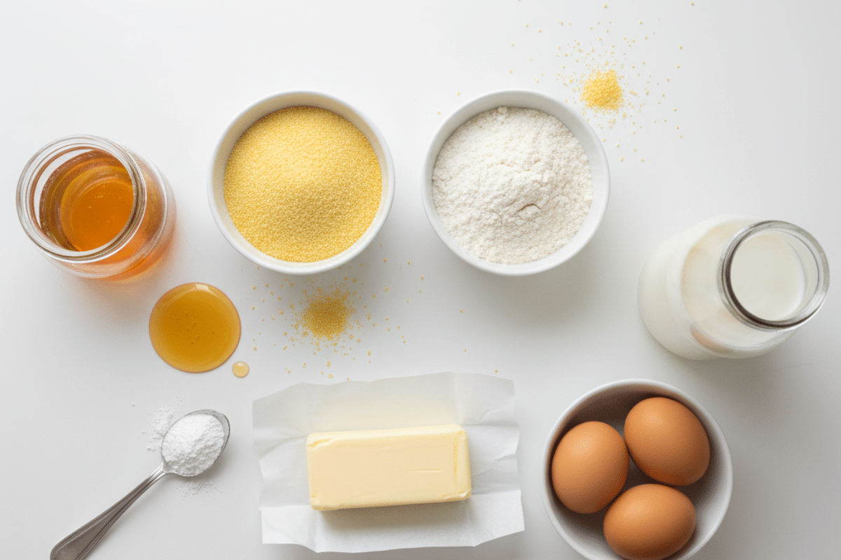 Honey cornbread ingredients including cornmeal, flour, eggs, butter, honey, and milk.