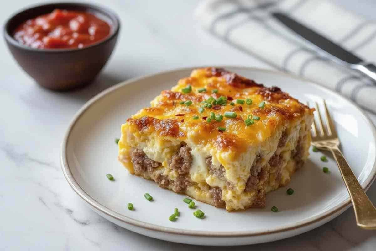 Golden baked sausage and egg casserole in baking dish with melted cheese on top