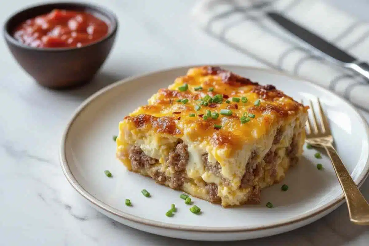 Golden baked sausage and egg casserole in baking dish with melted cheese on top