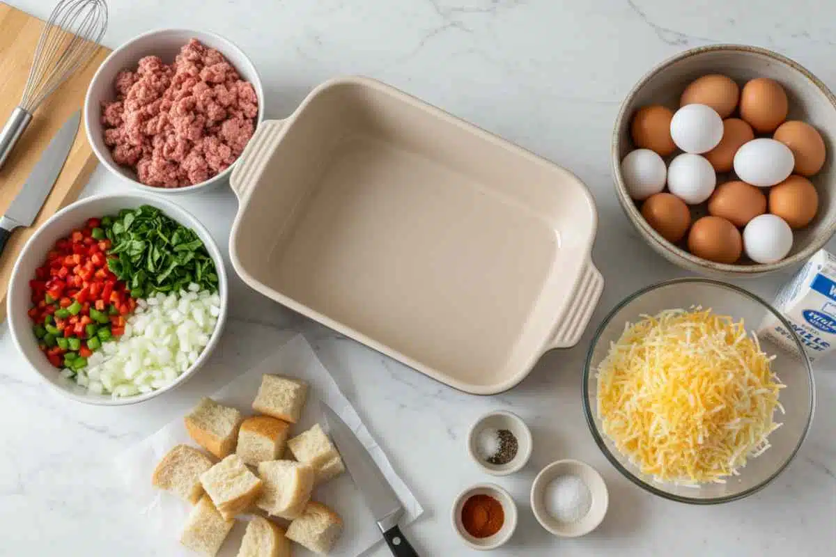 Ingredients for sausage and egg casserole including eggs, sausage, cheese, and vegetables
