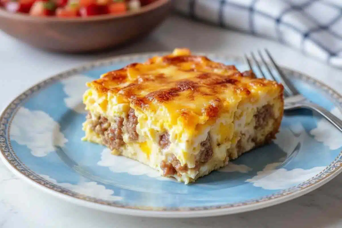 Single serving of sausage and egg casserole on white plate showing layers of eggs, sausage, and cheese