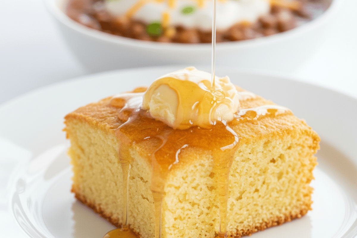 Slice of honey cornbread with honey drizzle and a bowl of chili in the background.