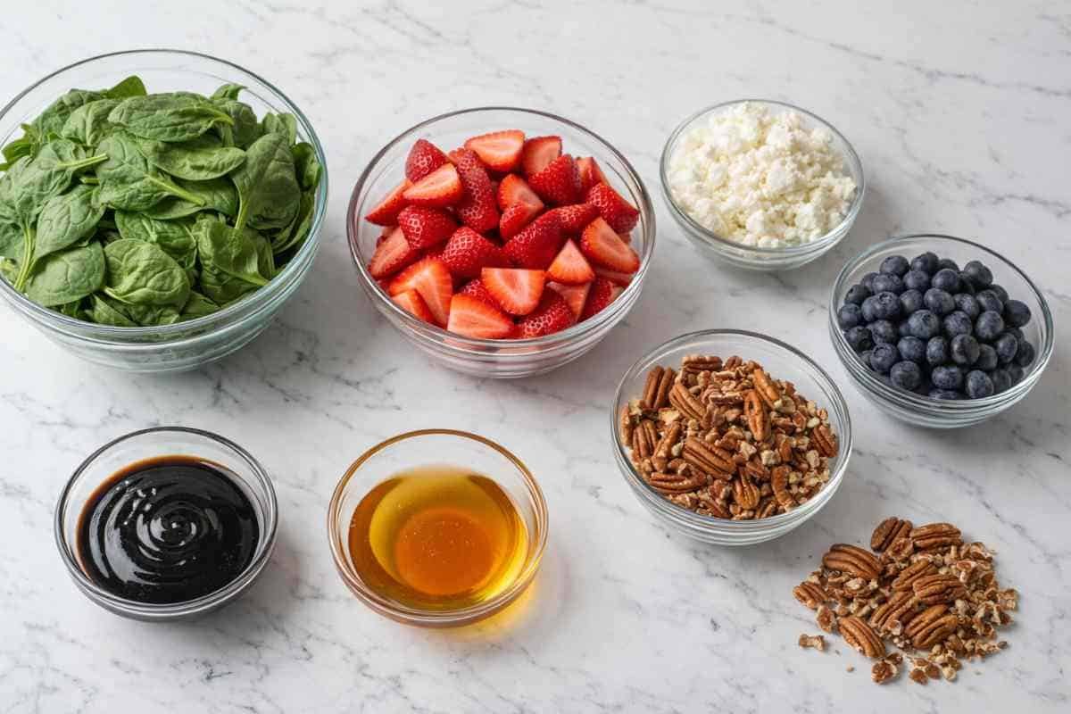 Fresh ingredients for strawberry spinach salad including berries feta cheese and pecans