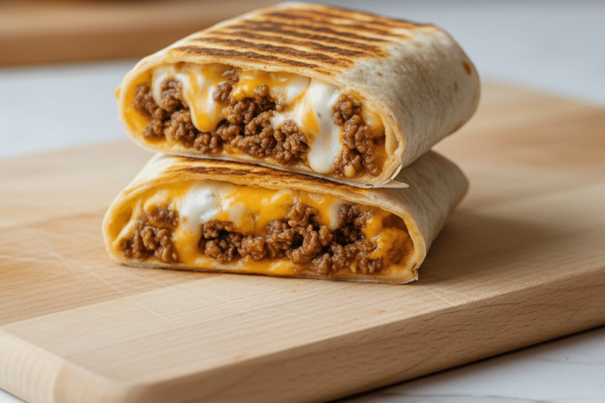 stacked easy grilled cheese burritos on wooden cutting board with crispy grill marks