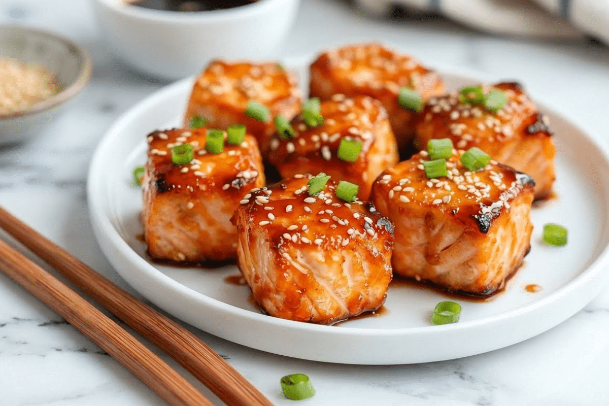 Bang bang salmon bites on white plate garnished with sesame seeds and green onions