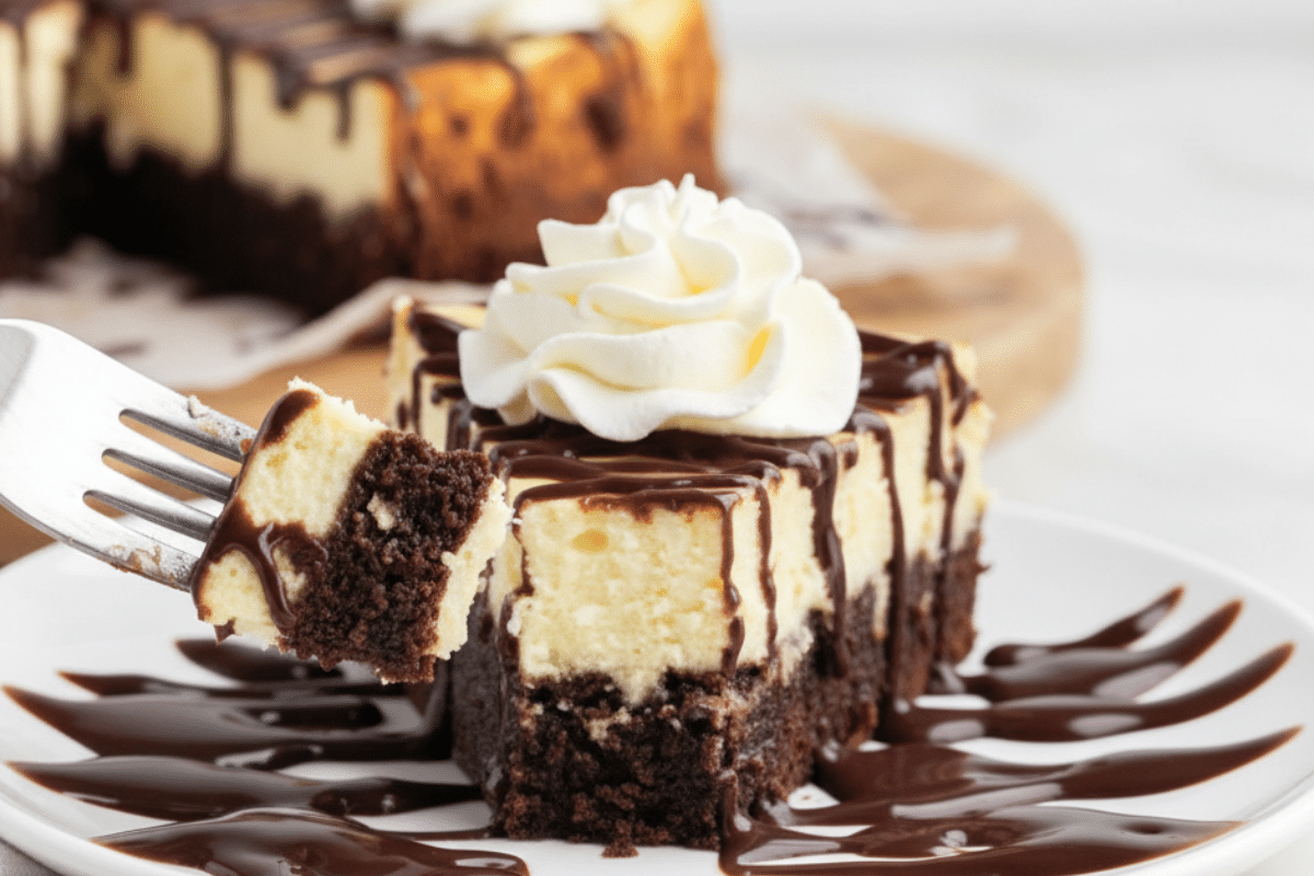 brownie bottom cheesecake slice on white plate with chocolate drizzle and whipped cream topping
