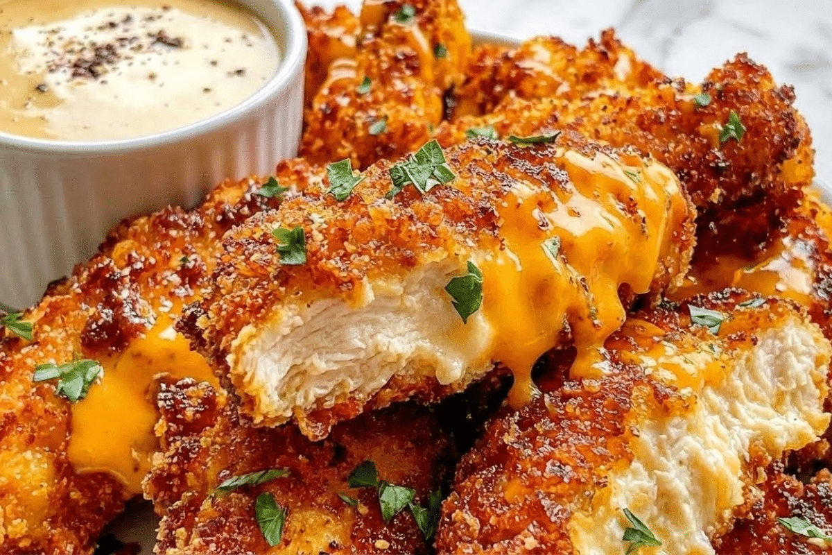 crack chicken tenders with melted cheddar cheese drizzle and crispy golden coating