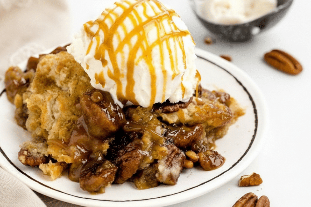 slice of easy pecan dump cake topped with vanilla ice cream and caramel drizzle