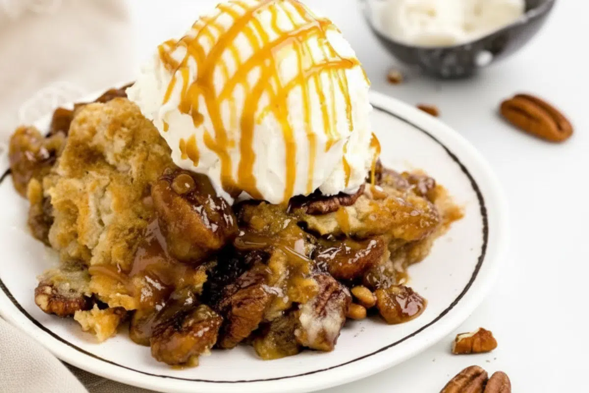 Home 9 slice of easy pecan dump cake topped with vanilla ice cream and caramel drizzle