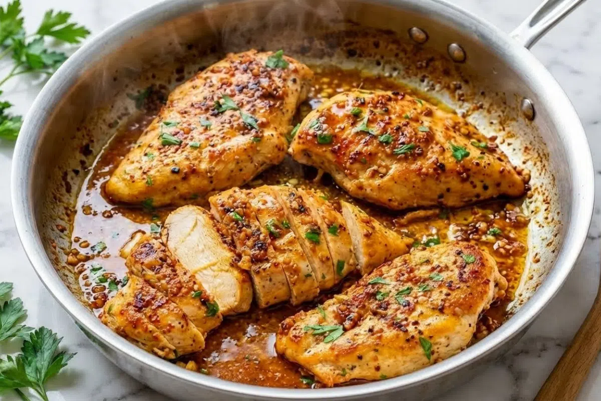 garlic-butter-chicken (1) Garlic butter chicken breasts in a skillet with golden sauce and fresh parsley, one breast sliced to show juicy interior