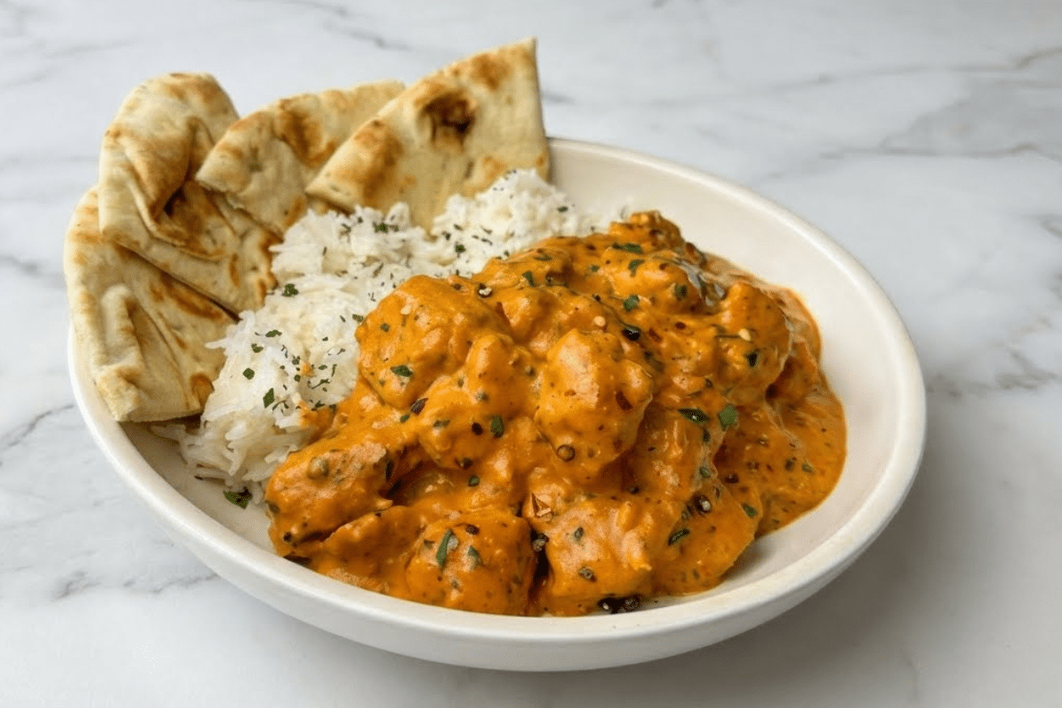 Homemade butter chicken served with fluffy white rice and warm naan bread on a white plate