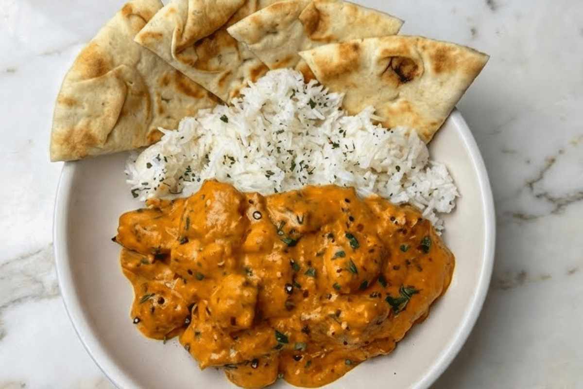 Close up of homemade butter chicken showing creamy orange sauce coating tender chicken with fresh herbs