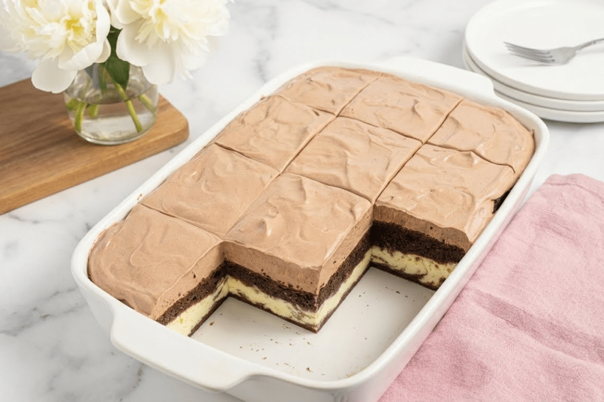 italian-love-cake (1) Italian love cake in white baking dish showing chocolate pudding topping and beautiful layers