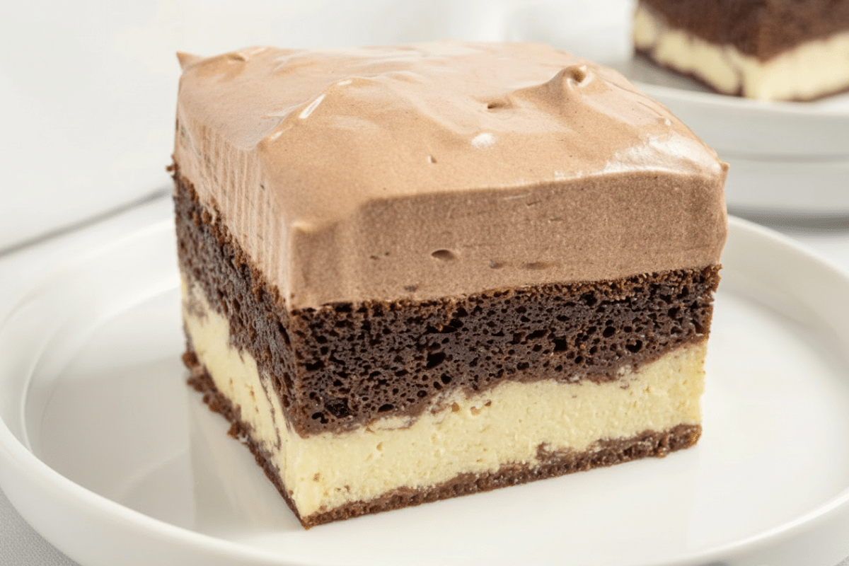 Close up of italian love cake slice showing three distinct layers with ricotta bottom and chocolate pudding top