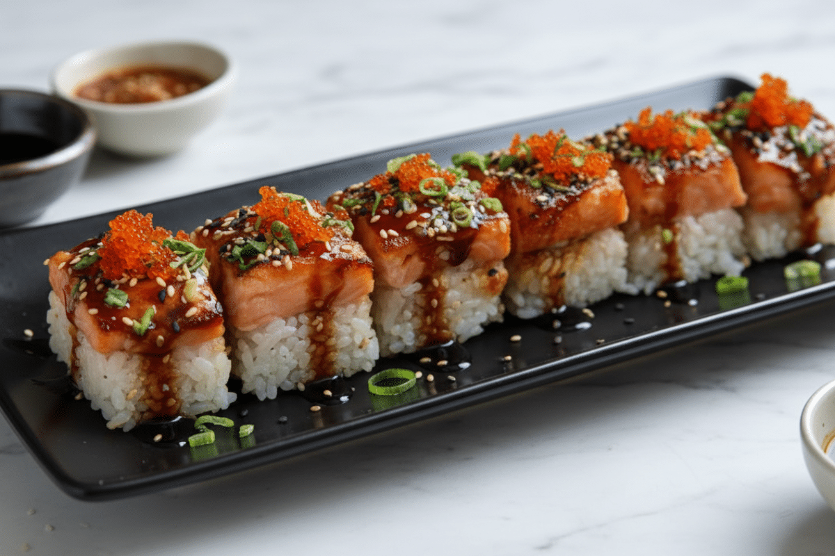 Spicy salmon sushi bake pieces showing layers of salmon and rice with sesame garnish