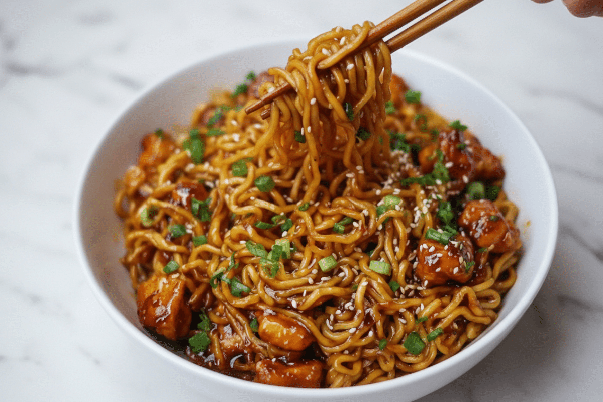 sticky garlic chicken noodles being lifted with chopsticks showing glossy honey-soy sauce