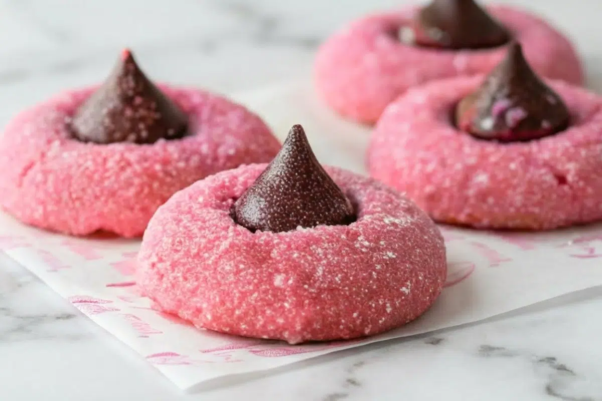 Home 7 Soft pink strawberry kiss cookies topped with chocolate kisses and dusted with sparkling sugar