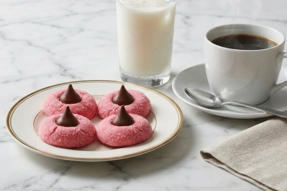 Strawberry kiss cookies served on a white plate with milk and coffee